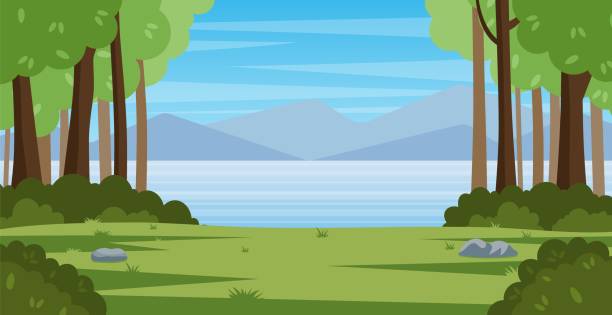 Mountain landscape with summer forest Cartoon Mountain landscape with summer forest. countryside beautiful nature with green trees, river lake water, silhouettes of mountains. Vector illustration in flat style lake stock illustrations