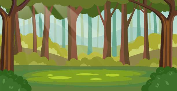 illustrazioni stock, clip art, cartoni animati e icone di tendenza di magica radura della foresta nella giungla estiva con raggi del sole - glade branch vector landscape