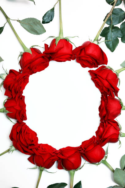 istock Frame of red roses on a white background with space for text. Top view, flat lay. Valentine decoration. 1321087872