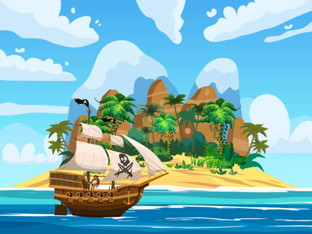 istock Pirate ship under sail in ocean, Island Treasure tropical, palms, mountains. Sea landscape, adventure, game. Vector illustration 1321087995