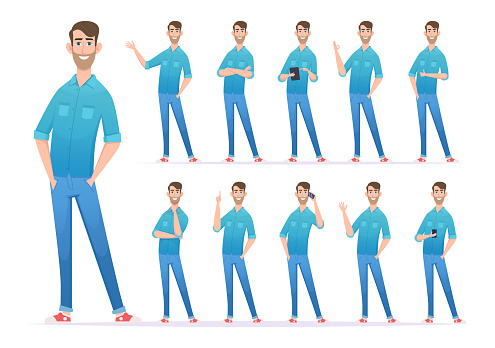 Casual style man. Gestures of man in denim jeans confident presenter looking characters exact vector person in action poses. Young casual adult in jeans, gesture character man illustration