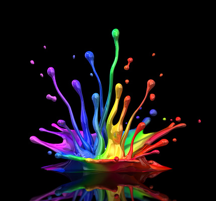 Rainbow colored liquid splash on black background