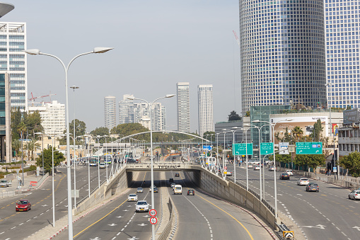 TEL-AVIV, ISRAEL - JANUARY 22, 2016: View from pedestrian bridge to traffic on street Menachem Begin