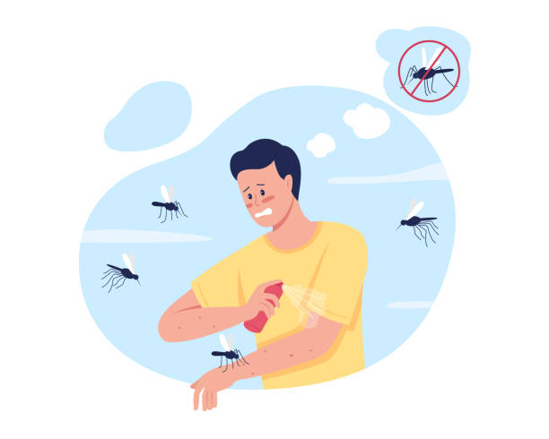ilustrações de stock, clip art, desenhos animados e ícones de keeping mosquitoes away while summer camping 2d vector isolated illustration - insect repellant