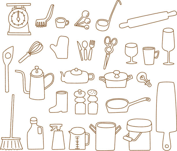 illustrazioni stock, clip art, cartoni animati e icone di tendenza di illustrazione di disegno a linee di utensili da cucina - poultry shears