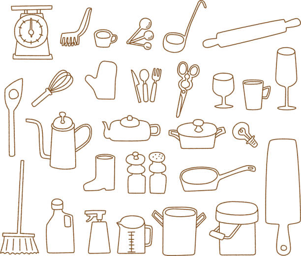 ilustrações de stock, clip art, desenhos animados e ícones de line drawing illustration of kitchen tools - poultry shears