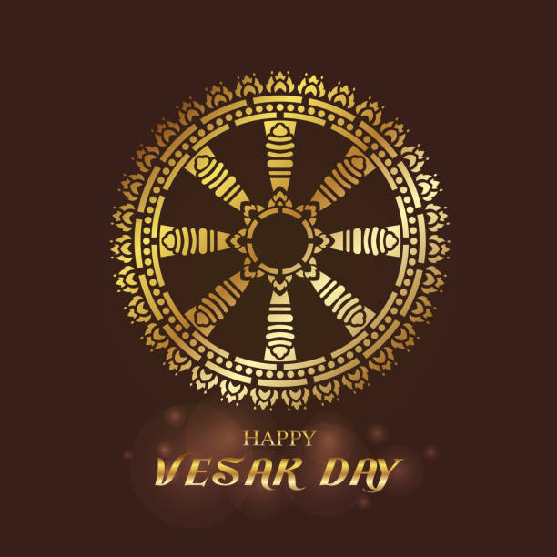 Happy Vesak day - Gold Dharmachakra or Wheel of Dhamma art vector design Happy Vesak day - Gold Dharmachakra or Wheel of Dhamma art vector design dharmachakra stock illustrations