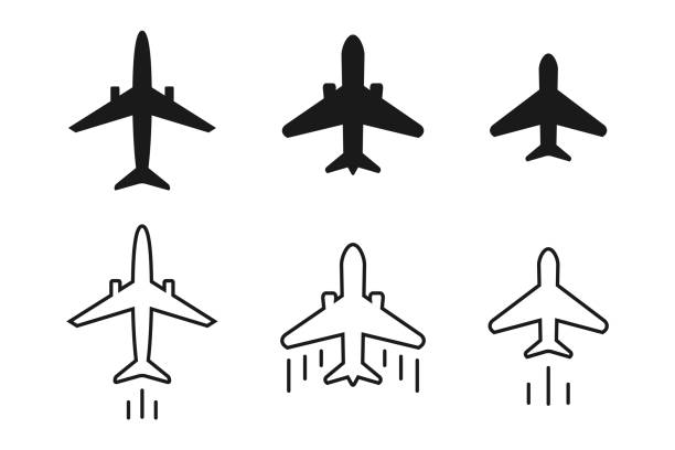 Airplane icon set. Various aircraft collection. Linear and glyph icons. Big and small passenger and fighter plane. Flying and traveling concept. Airport symbol. Vector illustration, flat, clip art. airplane silhouette commercial airplane shipping stock illustrations