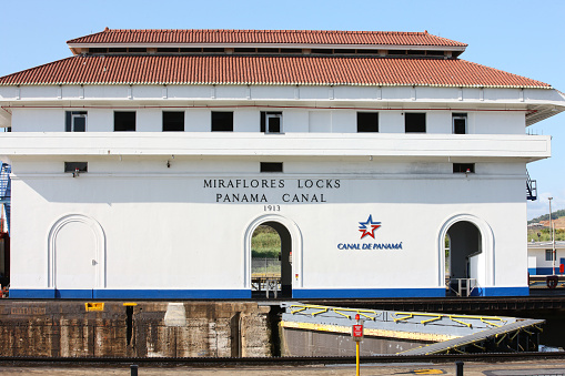 Panama city, Panama - February 7 2016: Miraflores Lock Gate House beside the locks for Panama Canal