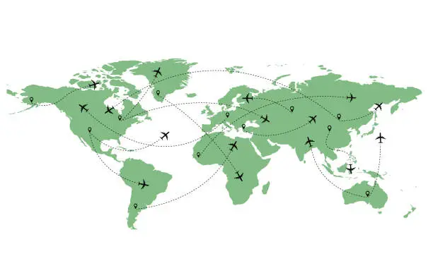 Vector illustration of World map plane tracks. Aviation track path on world map, airplane route line and travel routes vector illustration