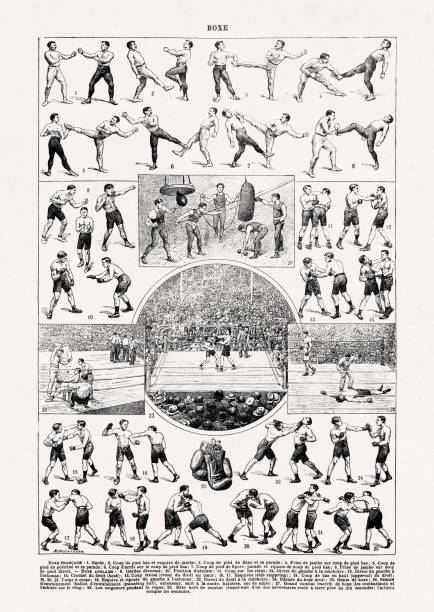 19th century illustration about French & English boxing Illustration by Mijessertenne printed in a late 19th century french dictionary depicting all the moves from both French boxing and English boxing. boxing stock illustrations