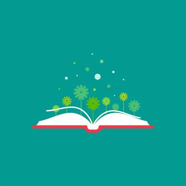 Vector illustration of Open book with green flowers. Flat icon isolated on turquoise background.