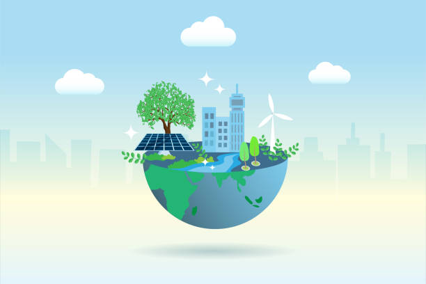 zielony glob z przyjaznymi budynkami, turbinami wiatrowymi i panelami słonecznymi. ekologia, środowisko, dzień ziemi - environment stock illustrations
