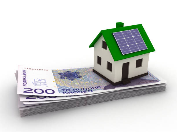 norway krone finance house solar panel energy - norwegian coin imagens e fotografias de stock