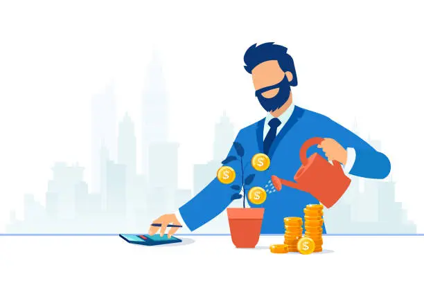 Vector illustration of Vector of a business man watering dollar plant making calculations