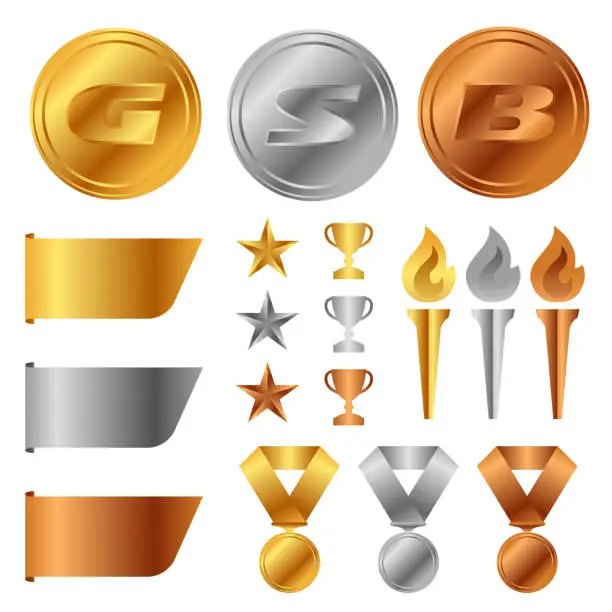 Vector illustration of Gold silver bronze medals , Trophy Cup , start award and torch and tag banner vector set design