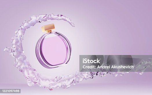 istock Cosmetic bottle perfume in stream splash water mock up banner. Glass round container with pink liquid and gold cap. Cosmetics beauty product isolated on purple background. Realistic 3d illustration 1321097498