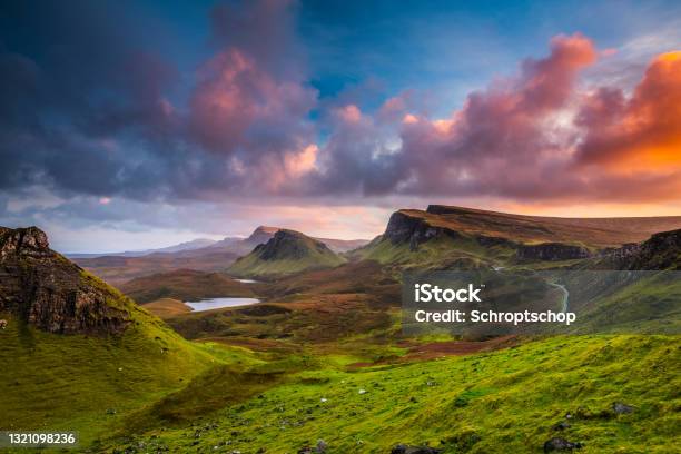 Sunset At The Quiraing On The Isle Of Skye In Scotland Stock Photo - Download Image Now