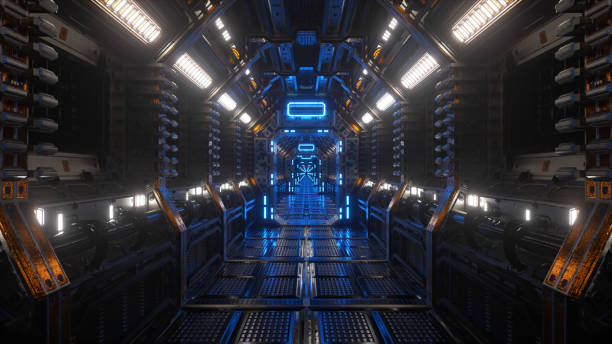 istock Flying in a spaceship tunnel, a sci-fi shuttle corridor. Futuristic abstract technology. Technology and future concept. Flashing light. 3d illustration 1321098684