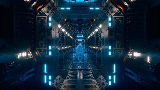 istock Flying in a spaceship tunnel, a sci-fi shuttle corridor. Futuristic abstract technology. Technology and future concept. Flashing light. 3d illustration 1321098686