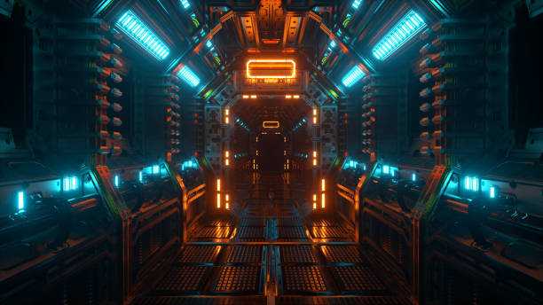 istock Flying in a spaceship tunnel, a sci-fi shuttle corridor. Futuristic abstract technology. Technology and future concept. Flashing light. 3d illustration 1321098697