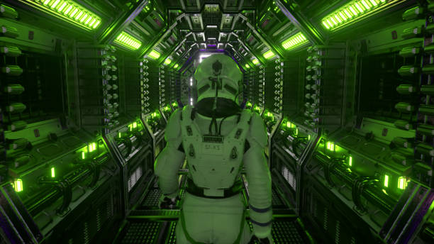 istock Astronaut walking in spaceship tunnel, sci-fi shuttle corridor. Futuristic abstract technology. Technology and future concept. Flashing light. 3d illustration 1321098702