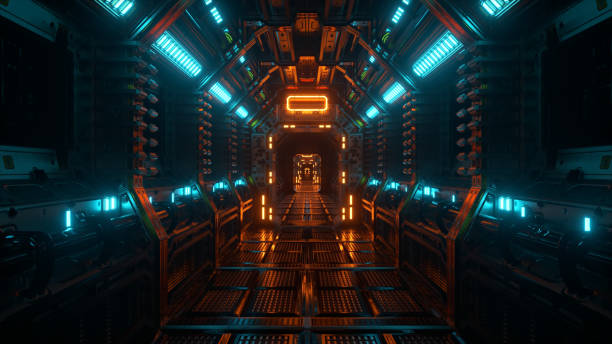 istock Flying in a spaceship tunnel, a sci-fi shuttle corridor. Futuristic abstract technology. Technology and future concept. Flashing light. 3d illustration 1321098714