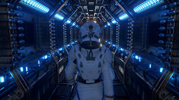 istock Astronaut walking in spaceship tunnel, sci-fi shuttle corridor. Futuristic abstract technology. Technology and future concept. Flashing light. 3d illustration 1321098734