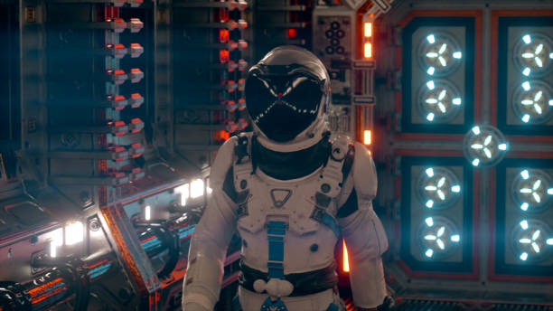 istock Astronaut walking in spaceship tunnel, sci-fi shuttle corridor. Futuristic abstract technology. Technology and future concept. Flashing light. 3d illustration 1321098735