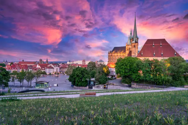 Panoramic view over the historic old town and cathedral square in Erfurt, Thuringia, Germany, during sunset