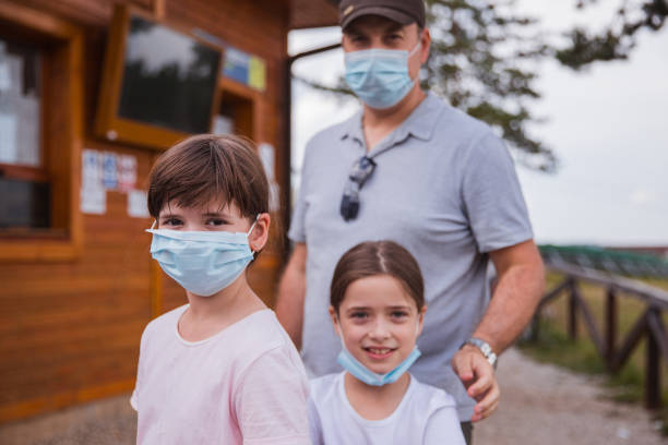 istock Father walking with his daughters, all wearing protective masks 1321101973