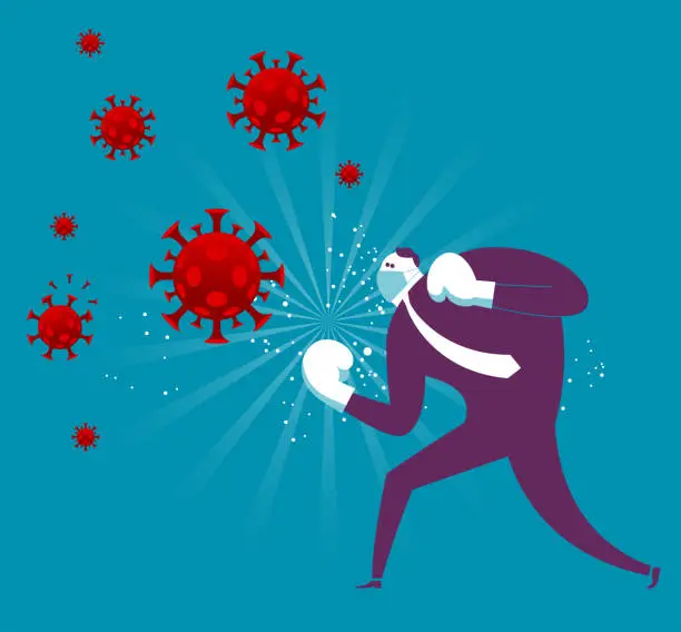Vector illustration of Businessman Fighting with Huge Coronavirus