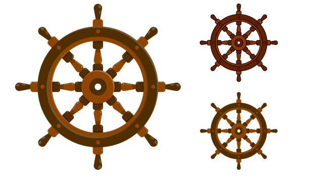 ilustraciones, imágenes clip art, dibujos animados e iconos de stock de icono del barco del volante, barco de pesca. gestión de yates en el mar. vector de color plano con trazo en diferentes estilos - timón de dirección