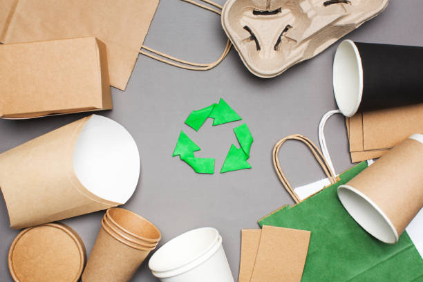 istock Ecological concept, recycling logo and disposable dishware 1321103956