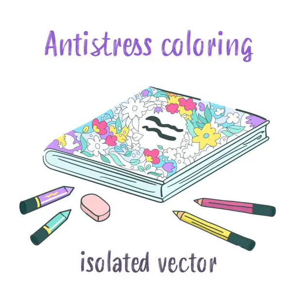 Vector illustration of Lying adult coloring book and pencils, isolated object