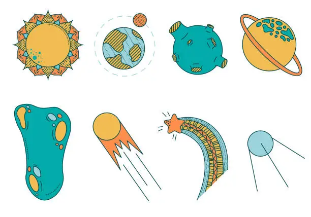 Vector illustration of Cute cartoon space set of planets, comets, asteroids, stars and satellite.