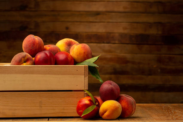 istock Peaches on wooden background in studio 1321110371