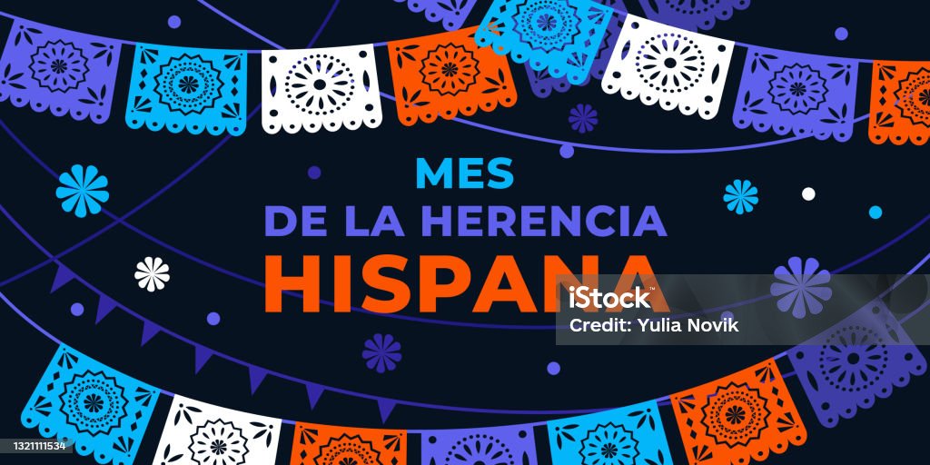 Hispanic heritage month. Vector web banner, poster, card for social media, networks. Greeting in Spanish Mes de la herencia hispana text, Papel Picado pattern, perforated paper on black background. Hispanic heritage month. Vector web banner, poster, card for social media, networks. Greeting in Spanish Mes de la herencia hispana text, Papel Picado pattern, perforated paper on black background National Hispanic Heritage Month stock vector