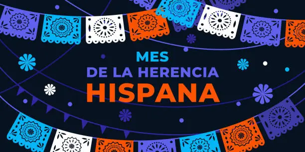 Vector illustration of Hispanic heritage month. Vector web banner, poster, card for social media, networks. Greeting in Spanish Mes de la herencia hispana text, Papel Picado pattern, perforated paper on black background.