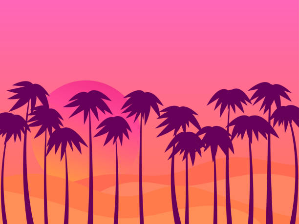 ilustraciones, imágenes clip art, dibujos animados e iconos de stock de atardecer desértico con palmeras y sol de gradiente de los años 80. dunas de arena en un estilo plano. diseño para folletos publicitarios, banners, carteles, agencias de viajes. ilustración vectorial - sand dune sand orange california