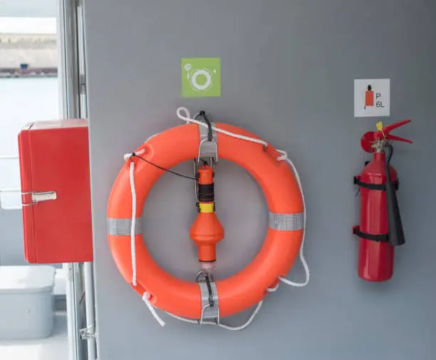 Lifebelt, a small bulifebuoy with lamp and fire extinguisher on a yacht