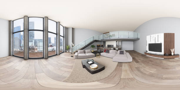 360 equirectangular panoramisch interieur van moderne villa met woonkamer, keuken en trap - keuken huis fotos stockfoto's en -beelden