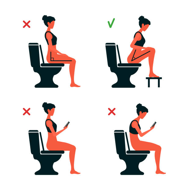 The correct and incorrect posture of sitting on the toilet in the WC. The torso position angle 90 or 35 degrees. Good and bad. Comfort posture, health care. Woman silhouette hunched with a smartphone. A vector cartoon illustration. squat toilet stock illustrations