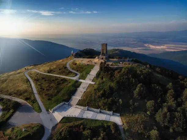Aerial view on sunrise of Shipka Peak in Balkan Mountains, Bulgaria