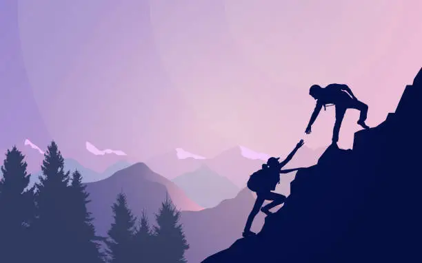 Vector illustration of The guy, man extends a helping hand to the girl. Abstract landscape, Vector polygonal landscape illustration, Minimalist style, Flat design. Travel concept of discovering, exploring. Adventure tourism