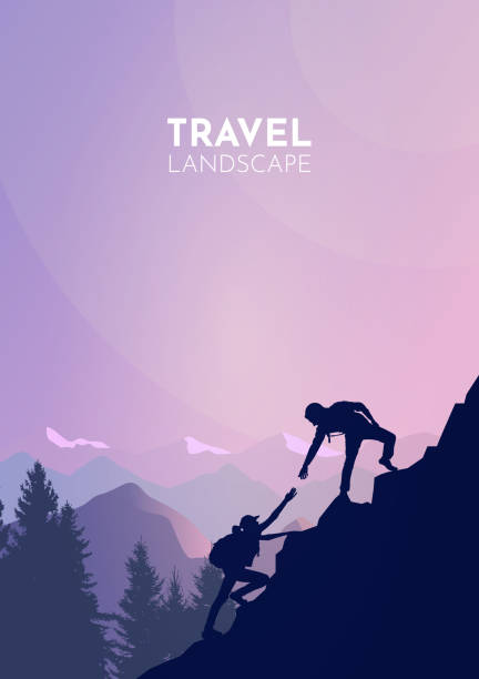 The guy, man extends a helping hand to the girl. Abstract landscape, Vector polygonal landscape illustration, Minimalist style, Flat design. Travel concept of discovering, exploring. Adventure tourism The guy, man extends a helping hand to the girl. Abstract landscape, Vector polygonal landscape illustration, Minimalist style, Flat design. Travel concept of discovering, exploring. Adventure tourism climbing up a hill stock illustrations