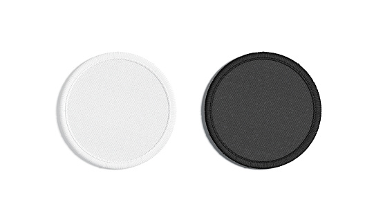 Blank black and white round embroidered patch mockup, top view, 3d rendering. Empty cloth attachment for sing icon mock up, isolated. Clear circular stitches symbolic template.