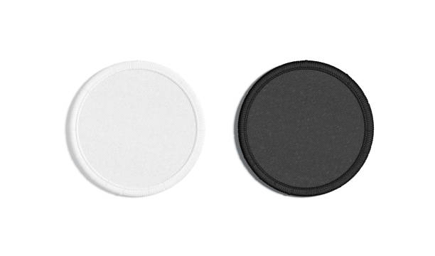 Blank black and white round embroidered patch mockup, top view Blank black and white round embroidered patch mockup, top view, 3d rendering. Empty cloth attachment for sing icon mock up, isolated. Clear circular stitches symbolic template. textile patch stock pictures, royalty-free photos & images