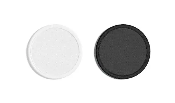 Photo of Blank black and white round embroidered patch mockup, top view