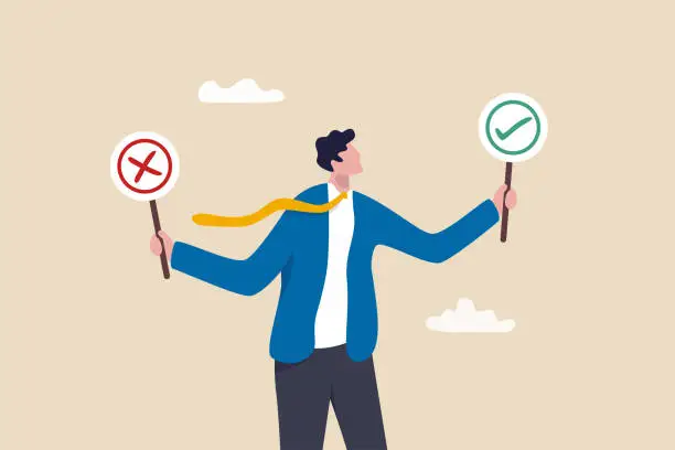 Vector illustration of Business decision right or wrong, true or false, correct and incorrect, moral choosing option concept, thoughtful businessman holding right or wrong of left and right hand while making decision.